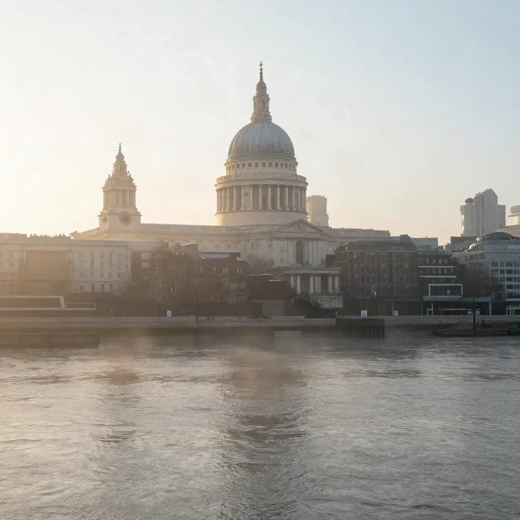Sunrise Thames skyline with St Paul’s dome above calm misty water