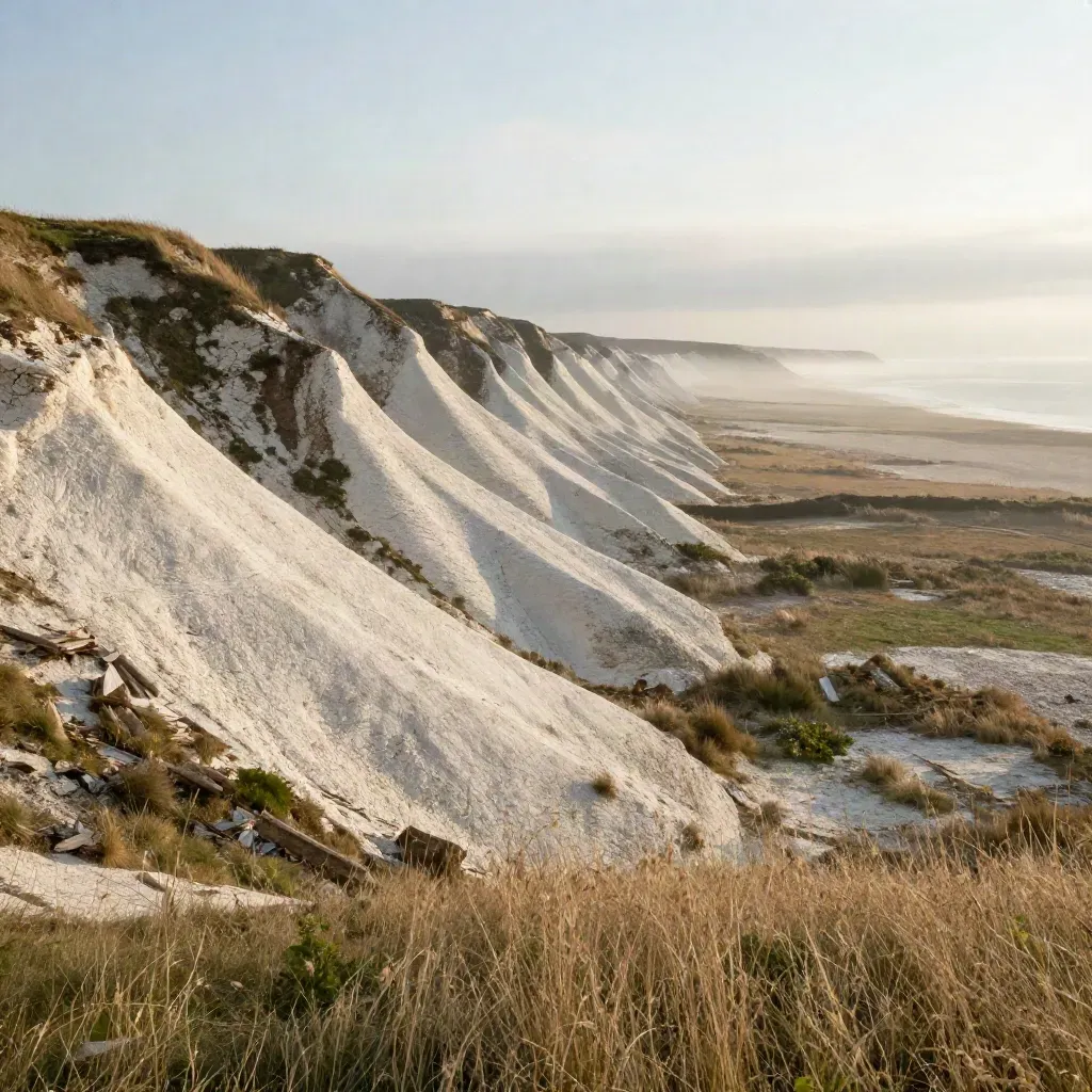 Bright chalk downs by Brighton with sea mist and a calm open foreground