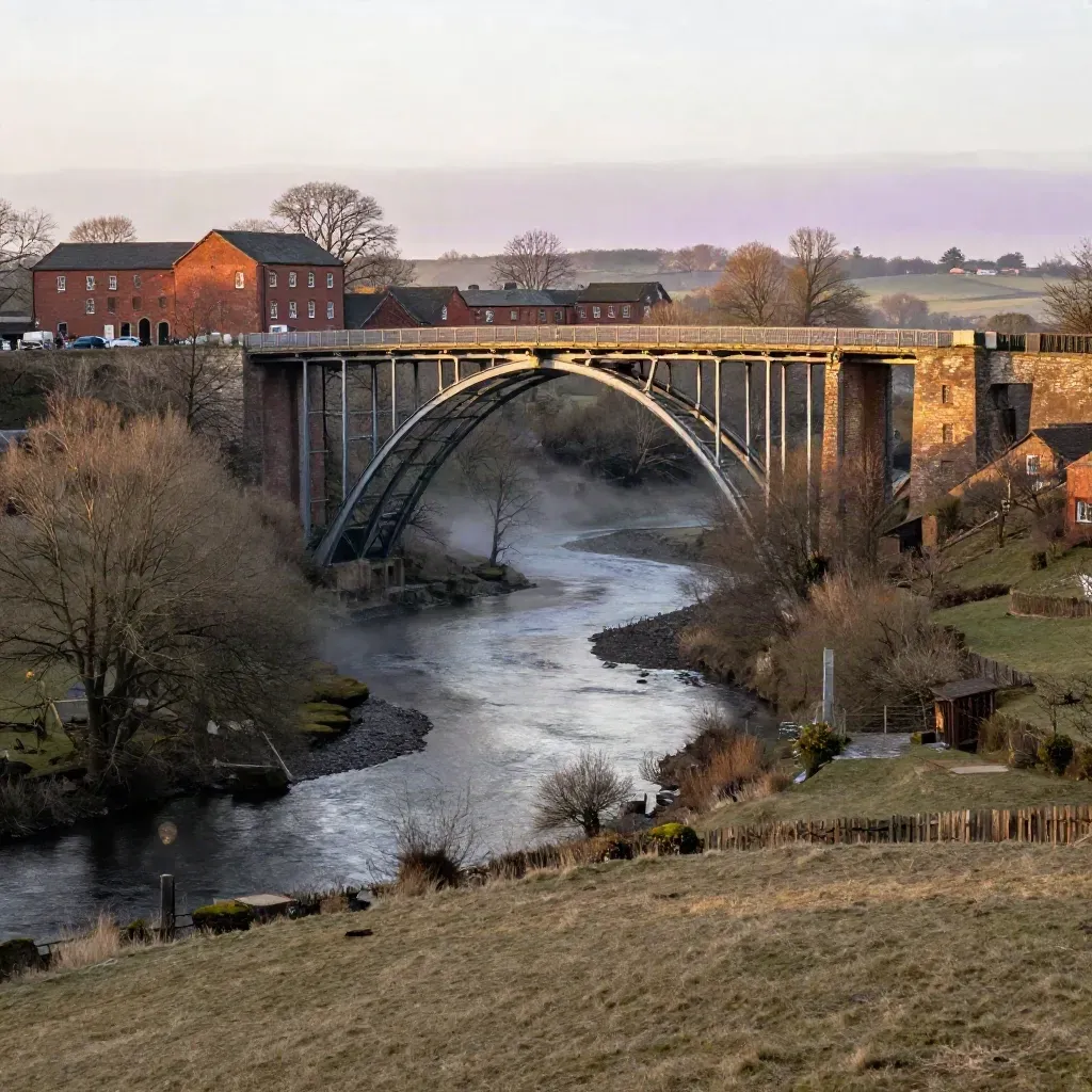 Iron Bridge valley at golden hour with brick mills, misty river and calm meadow