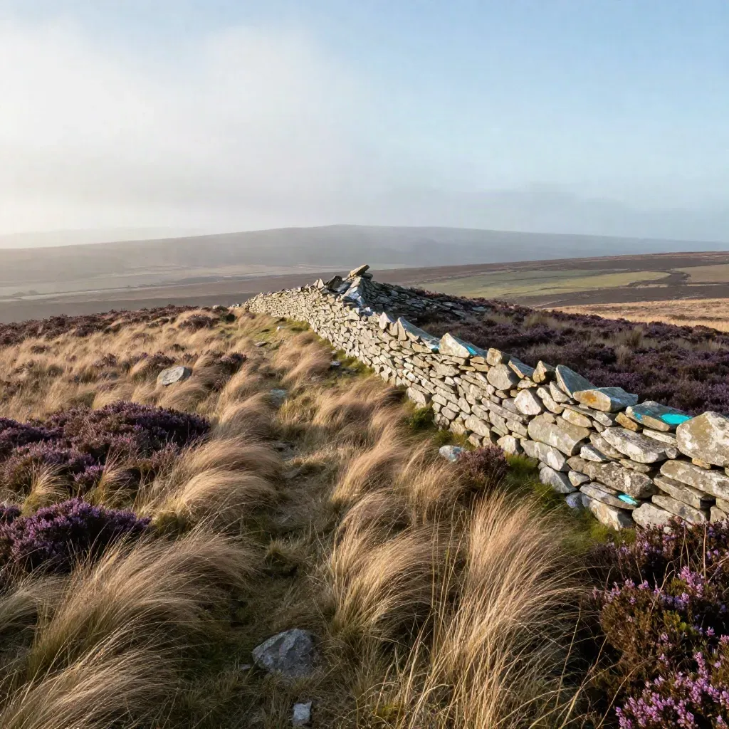 Heathery moorland ridge in mist with open calm foreground and soft evening light