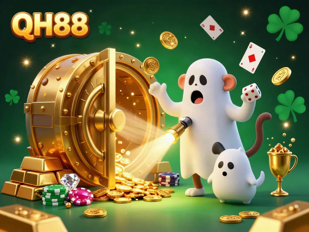 Experience thrilling QH88 casino magic with a playful monkey and pup in a dazzling treasure scene.