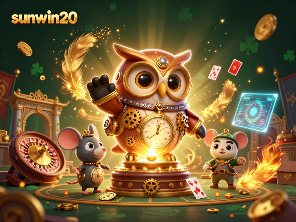 Engage in thrilling games with sunwin20; owl and mouse navigating vibrant casino elements amidst swirling golden particles.