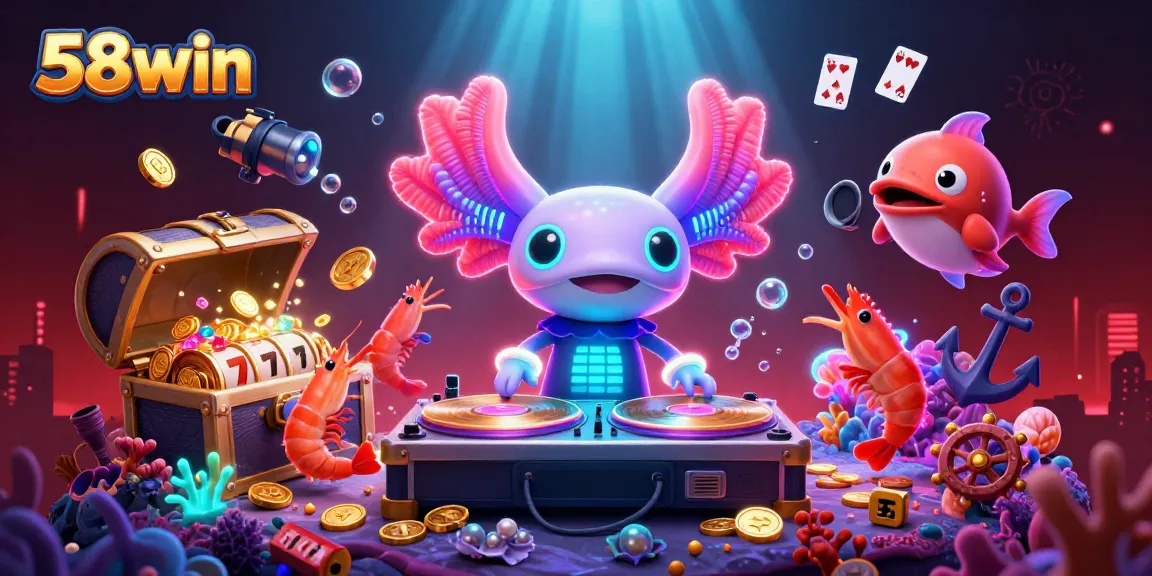 Experience the vibrant 58win casino world with a neon axolotl DJ and dynamic game elements.