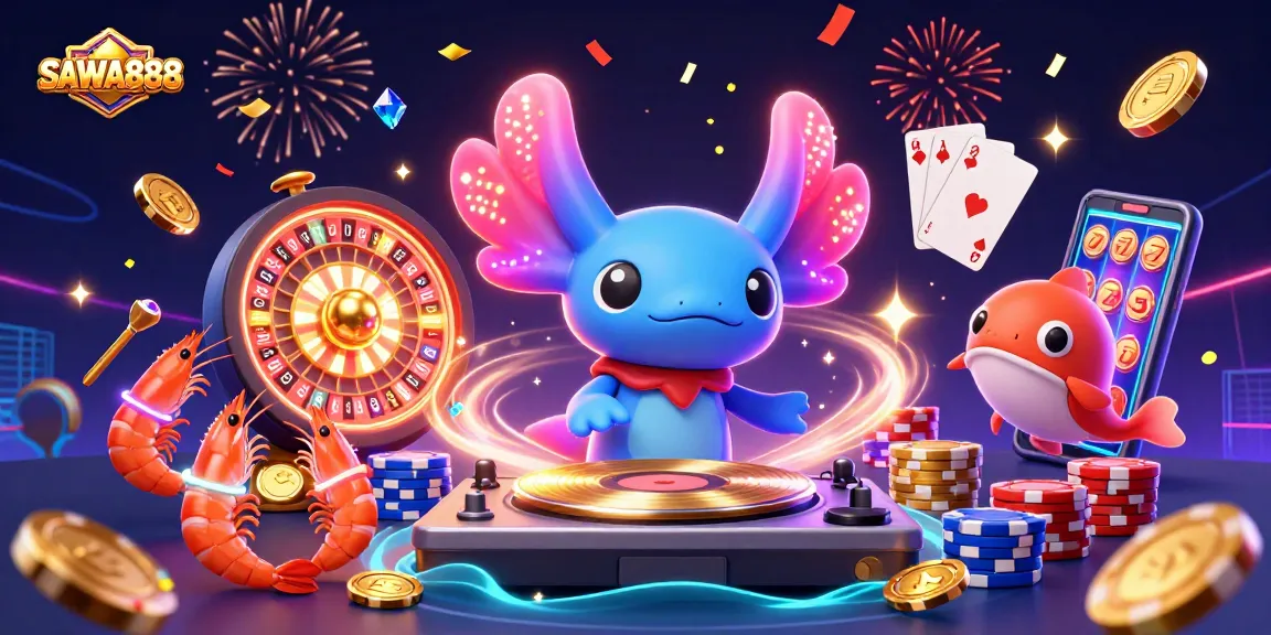 Experience the excitement of SAWA888 as vibrant characters celebrate with big wins in a lively casino scene.