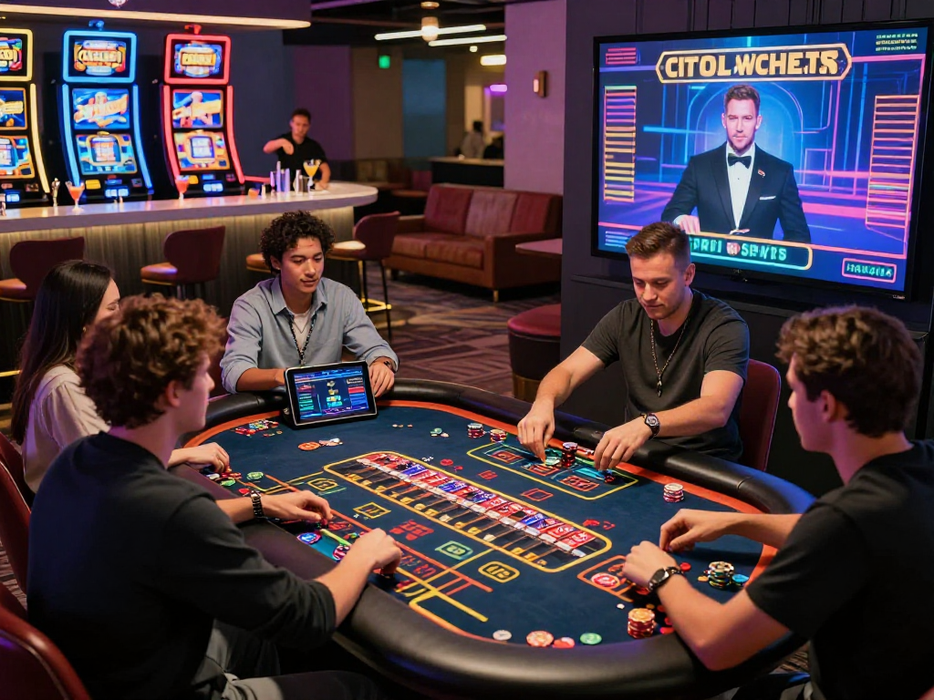 Exciting scene at a vibrant crypto casino with diverse players engaged in digital games and immersive gaming atmosphere.