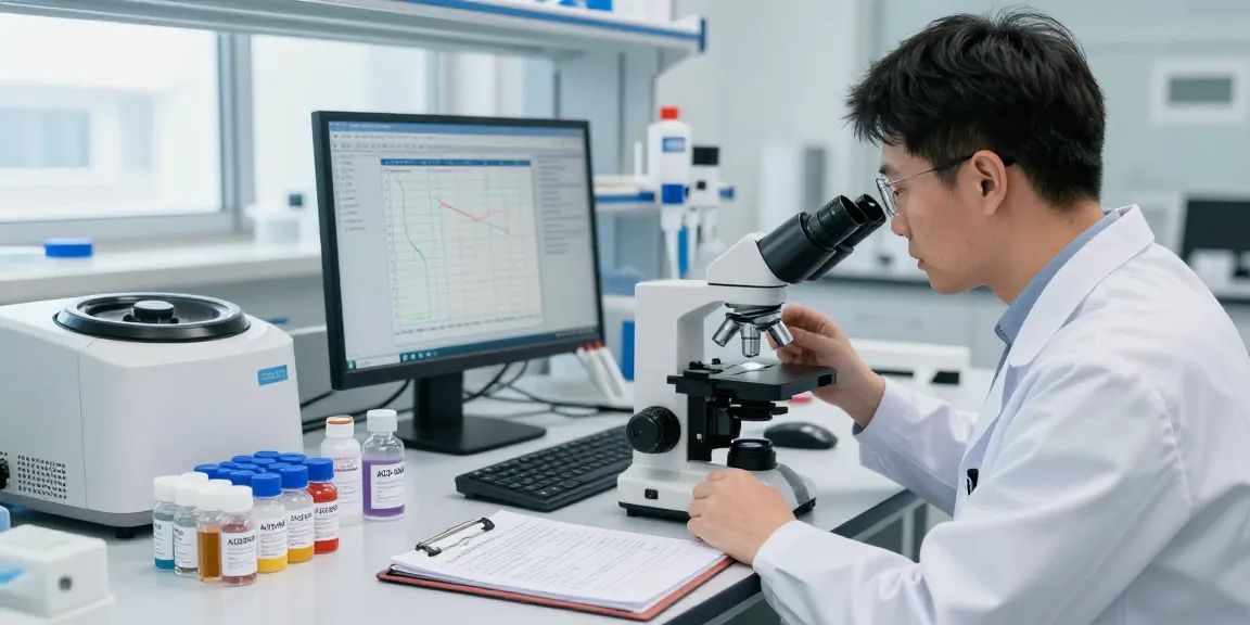 AOD-9604 research peptide analysis in a modern lab with vials and data on weight loss.