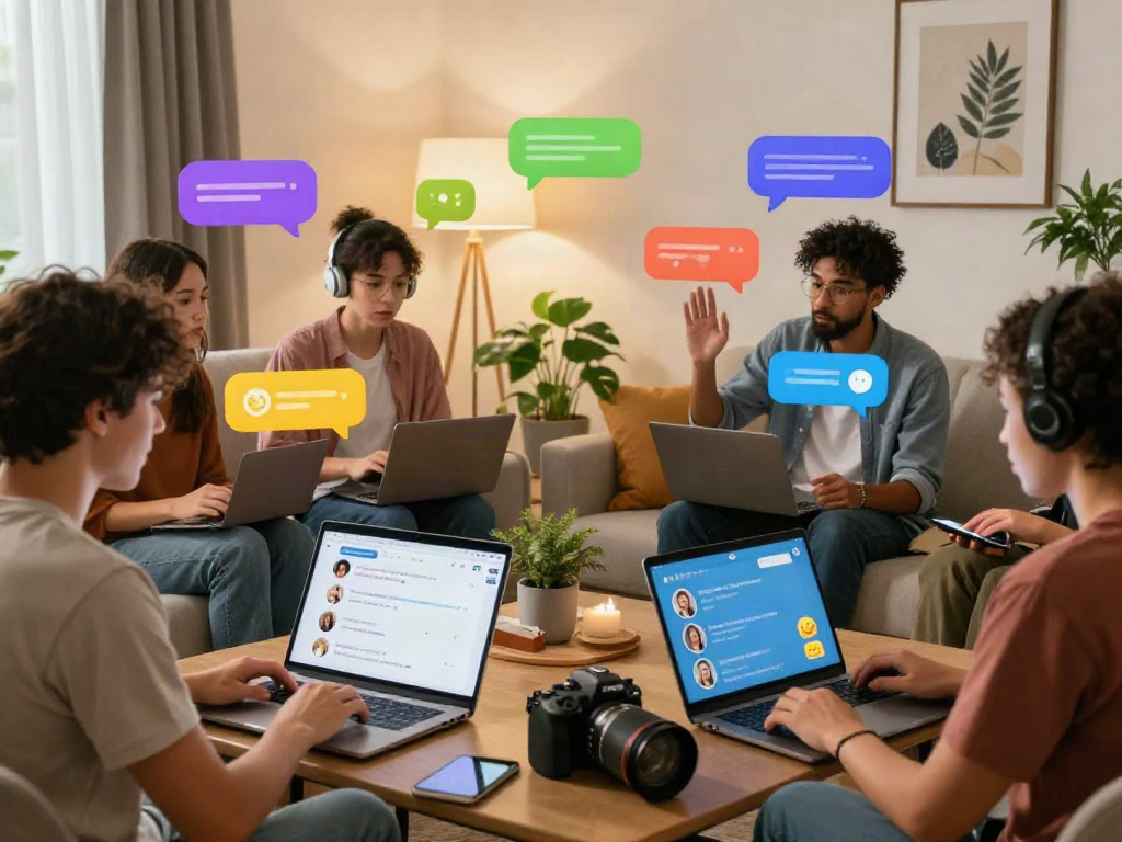 Engaging in sex chat AI in a lively virtual chat room with diverse users interacting on devices.