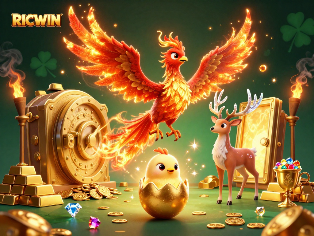 Engage with RICWIN and uncover treasures in this vibrant casino-themed illustration.