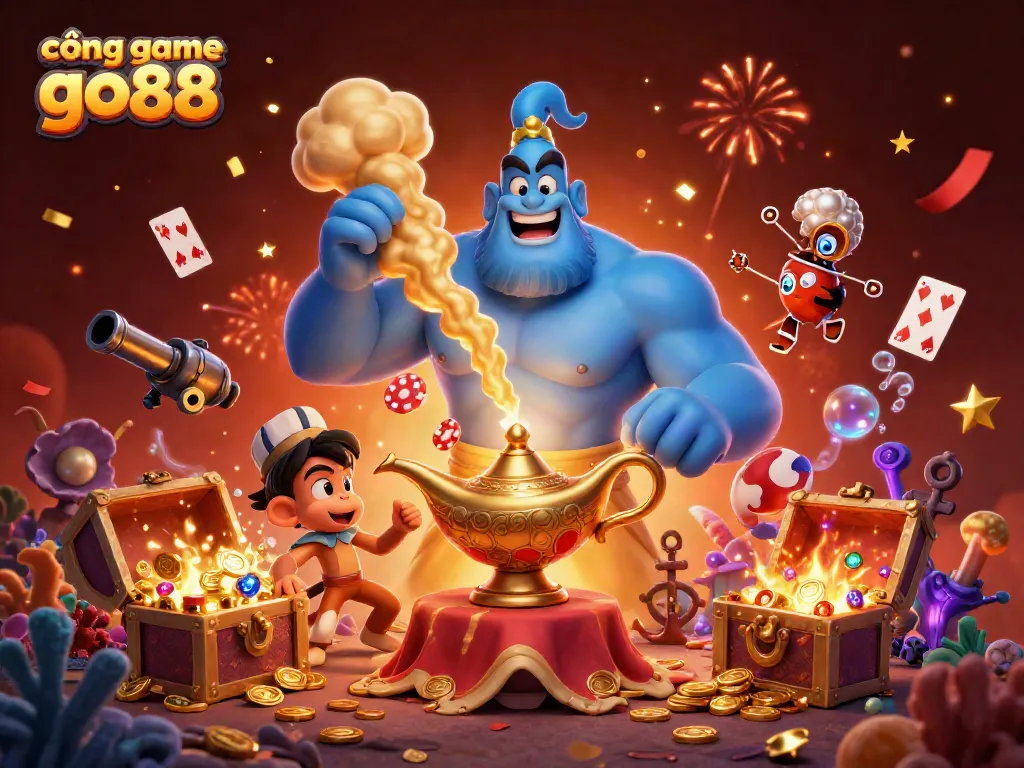 Experience dynamic gaming with cổng game go88 featuring a magical genie and treasure elements.