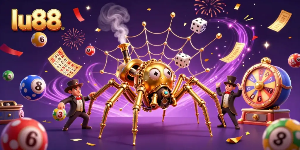 Join the lu88 action with a captivating scene featuring a golden spider and lively game elements!