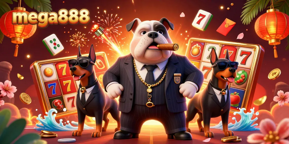 Spin the reels with mega888 as a stylish mafia bulldog and his bodyguards celebrate in a vibrant scene.