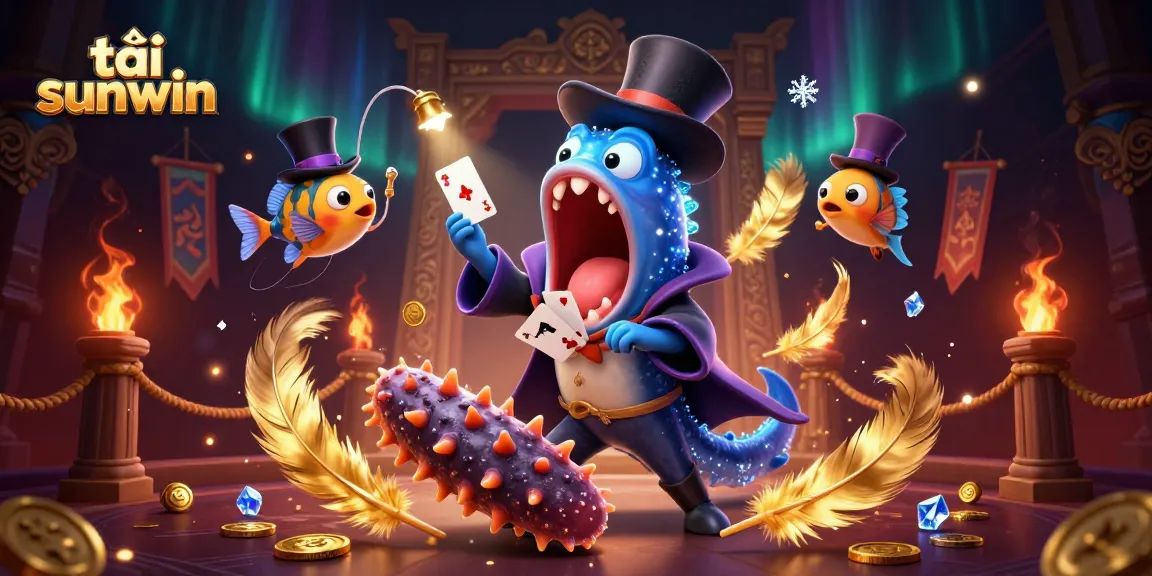 Tải sunwin showcases a captivating 3D illustration with card tricks and excitement in a vibrant casino environment.