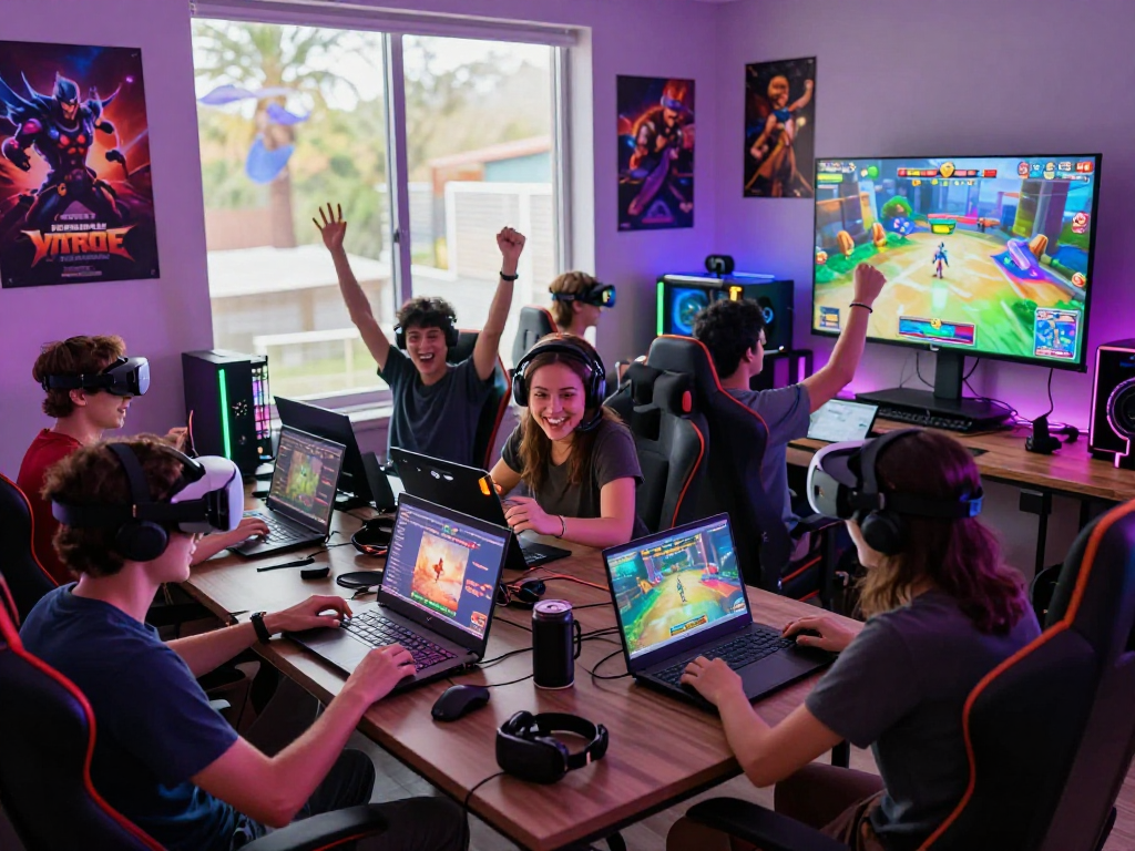 Excited friends engaging in online porn games in a colorful gaming room.