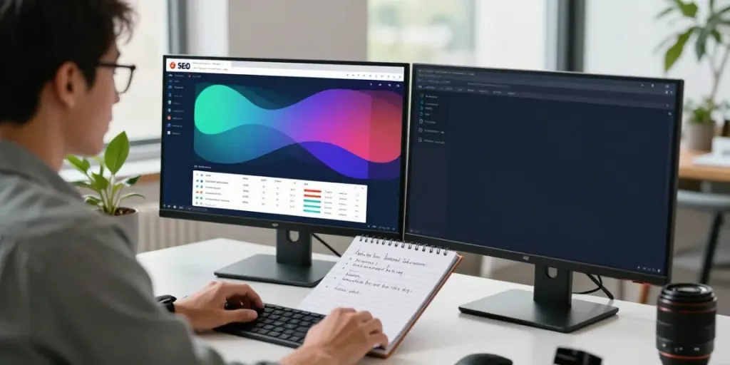 Digital marketer analyzing instant indexing strategies in a modern workspace.