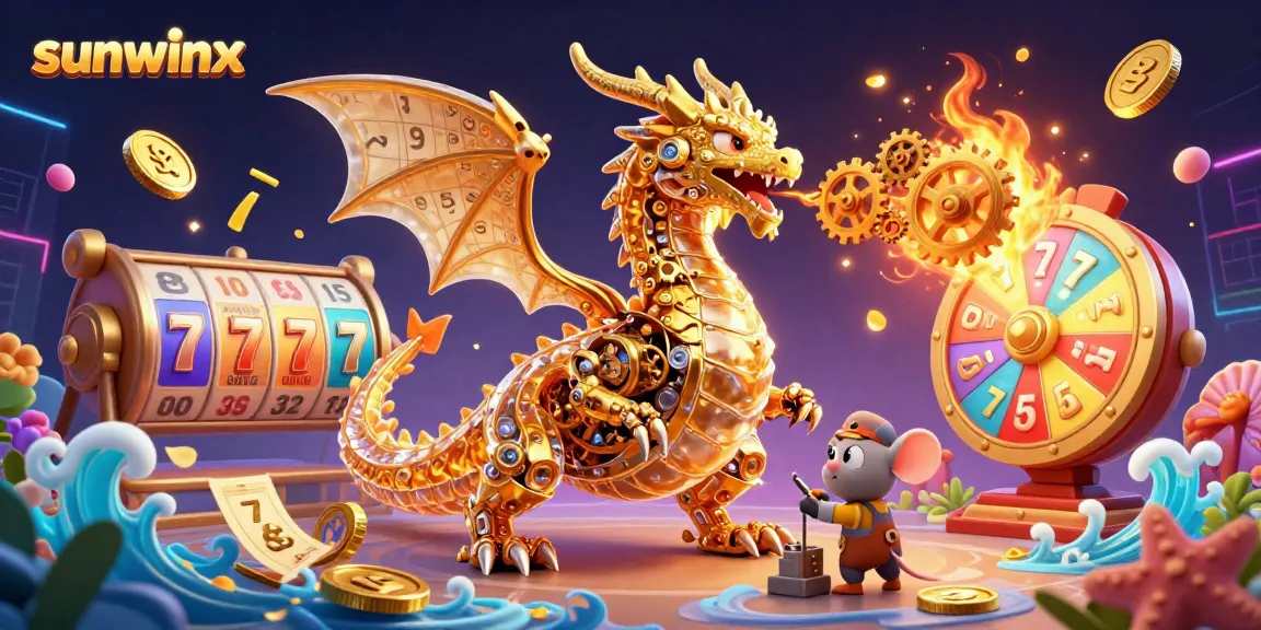 Engage with sunwinx as golden gears spin amidst vibrant lottery balls and animated game elements.