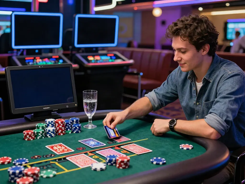 Player enjoying online gaming at a casino that takes credit cards, surrounded by vibrant casino elements.