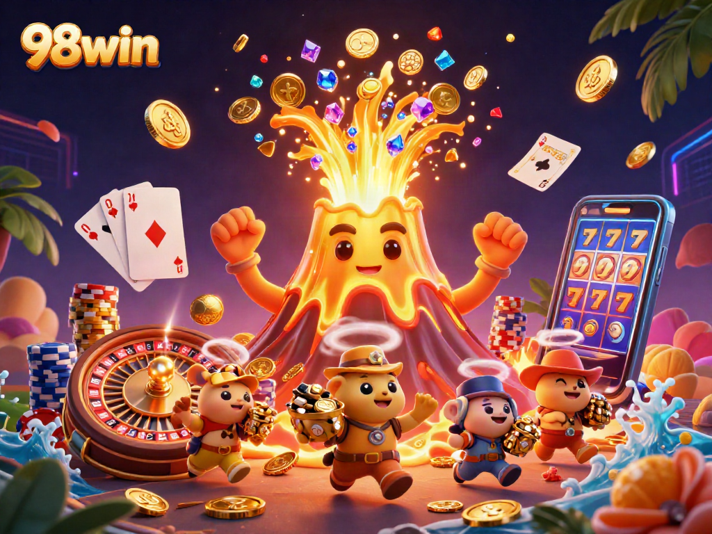 Spin winning slots and claim treasure at 98win casino with vibrant 3D illustration