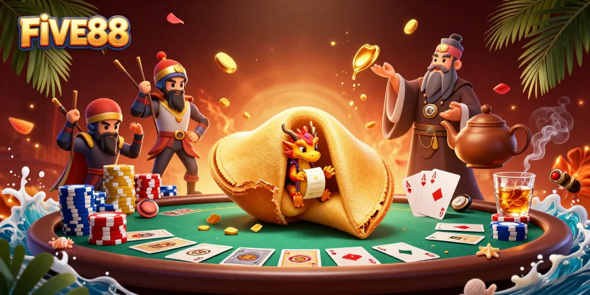 Engage with the FIVE88 dynamic casino scene featuring a golden fortune cookie and poker elements.