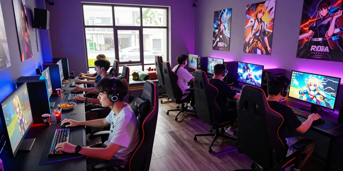 Friends enjoying ero games in a vibrant gaming lounge with colorful lighting.